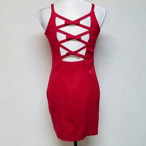 VINTAGE Dawn Joy Red Bow Cage Back Bodycon Dress - Picture 11 of 14